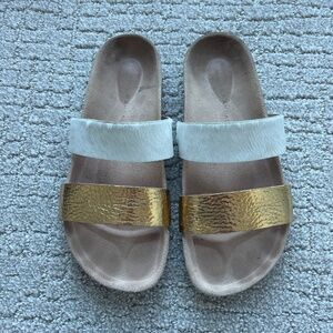 Loeffler Randall Paz 2 strap white calf hair and gold leather sandals 5
